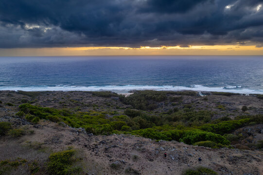 Aerial view of the East coast of Rodrigues island from Mt Cabris during sunrise
