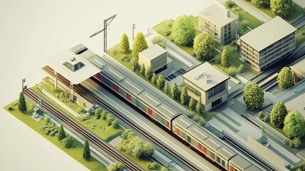 Isometric view of a modern train station with tracks, train and surrounding buildings and trees