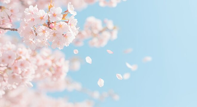 水色の空を背景に咲き誇るソフトフォーカスの桜