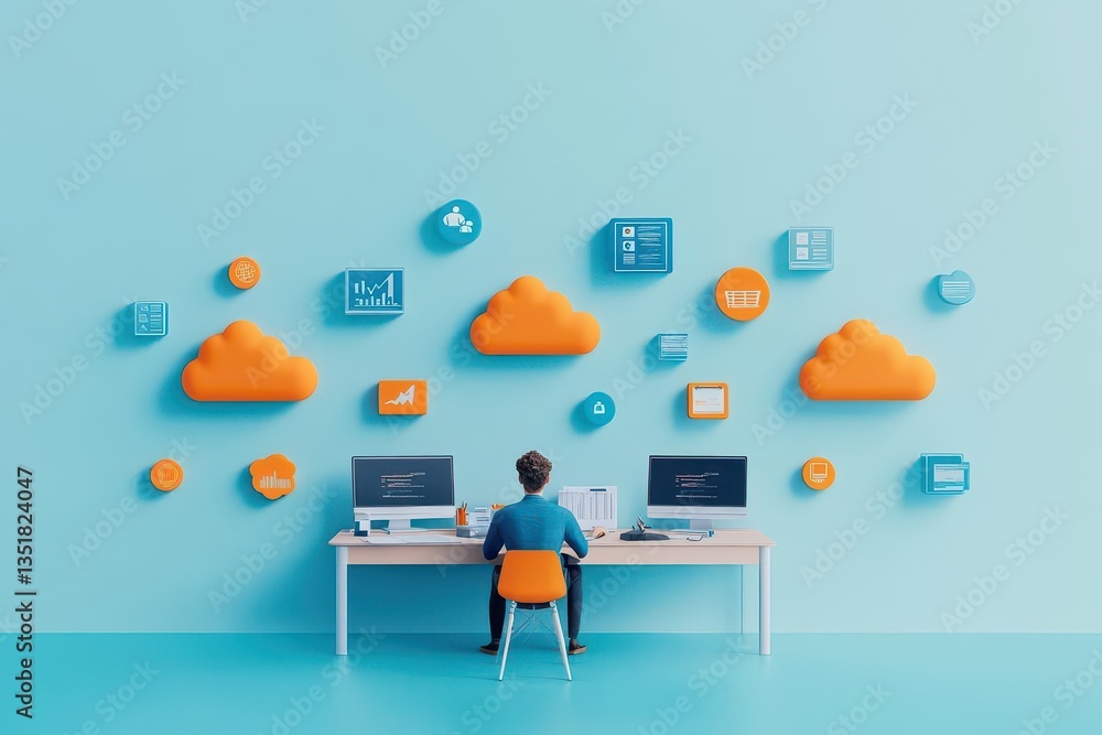 Aufkleber Flat illustration of a person working at a desk with cloud computing system showcasing modern technology concepts