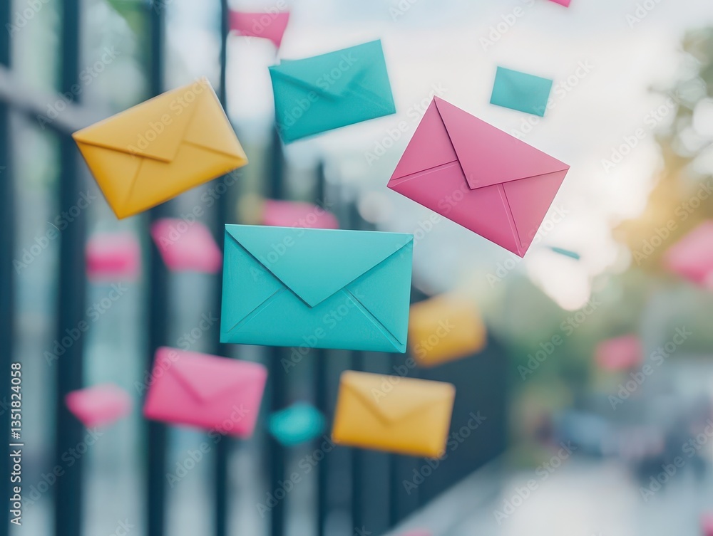 Poster A vibrant collection of colorful envelopes in various sizes and shapes representing a playful mail concept
