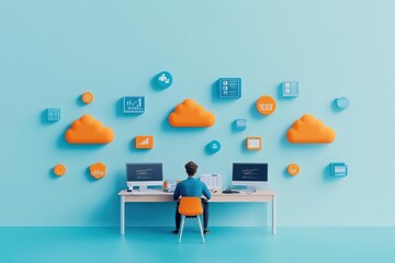 Flat illustration of a person working at a desk with cloud computing system showcasing modern technology concepts