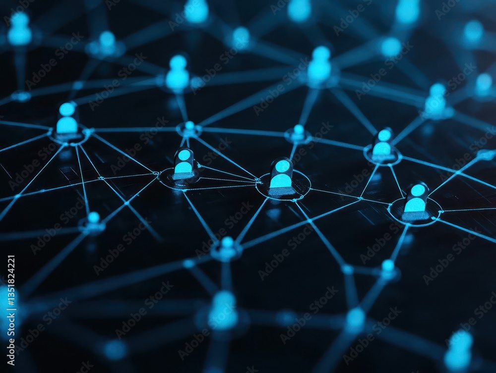 Poster Network of blue dots symbolizing connectivity and communication in a digital space with an emphasis on technology