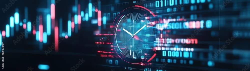 Aufkleber Stylish clock with red and blue background representing time management and financial planning in modern business