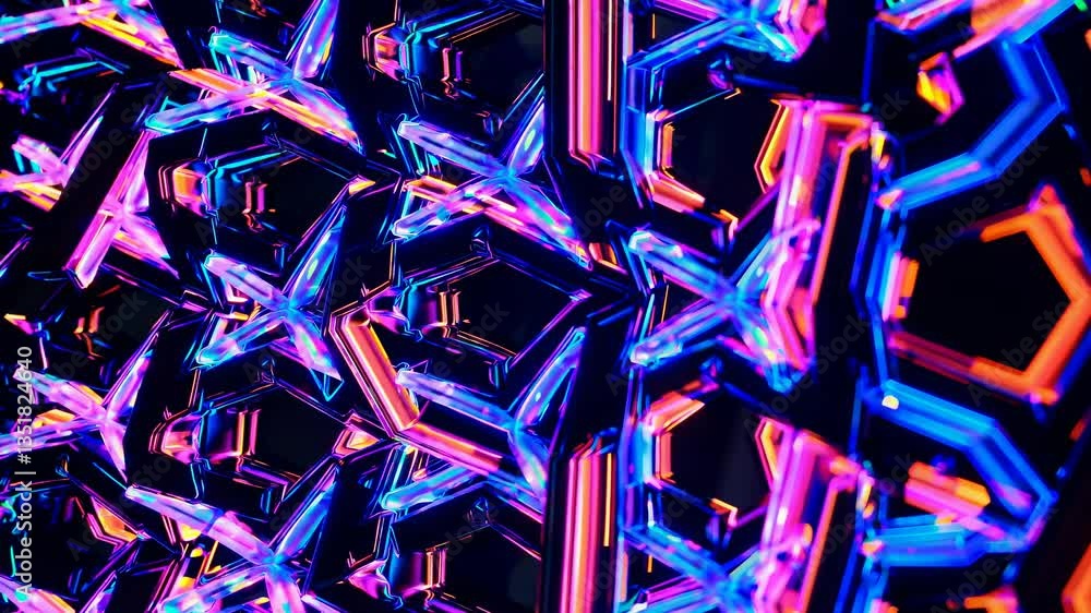 Poster abstract video concept with a close-up angle, showcasing vibrant, neon geometric patterns in a kalei