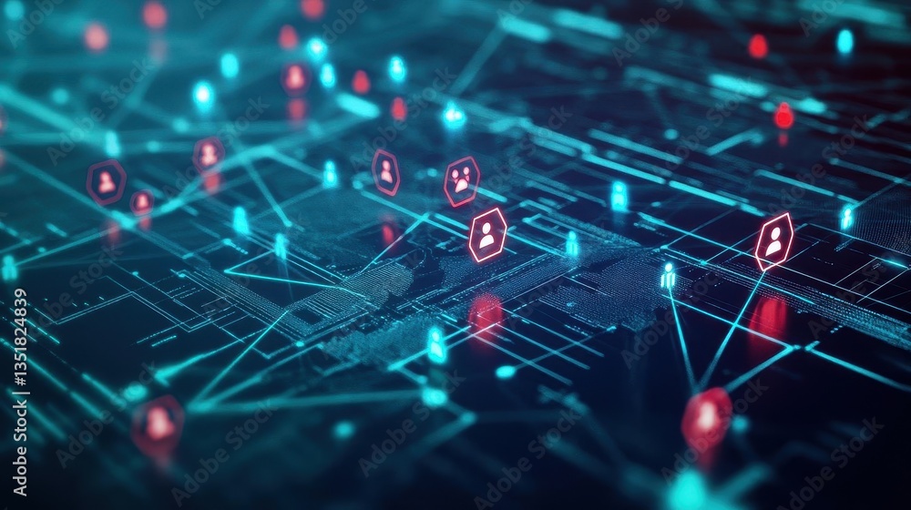Poster Vibrant circuit board design with illuminated red and blue lights signifying advanced technological innovations