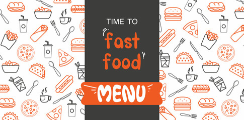 Seamless pattern with fast food illustrations pattern. Design element for poster, wrapping paper. Vector illustration