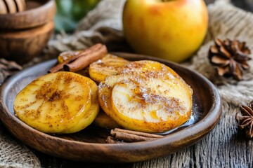 Delicious baked apple slices drizzled with honey and sprinkled with cinnamon Generative AI