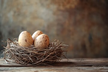 Obraz premium Beautiful natural nest with three speckled eggs