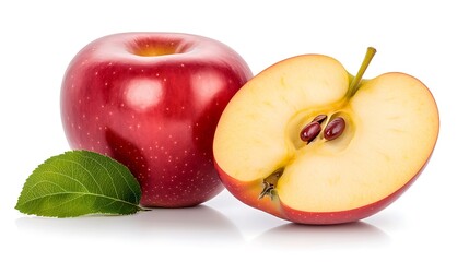 Red apple with a cut half showing seeds and a green leaf