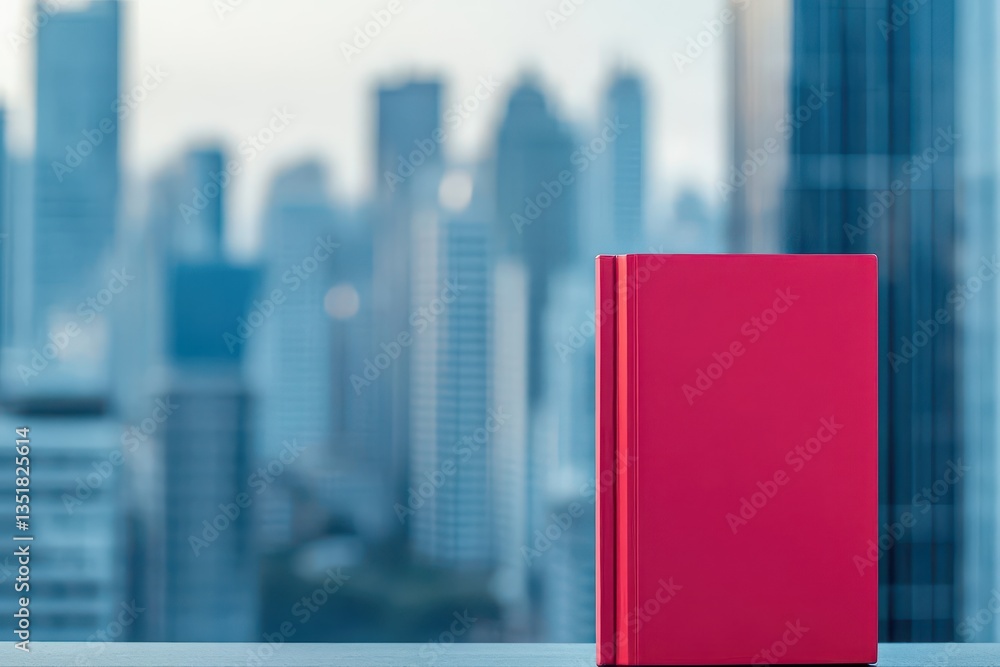 Poster a striking red book placed on a table featuring a simple yet elegant design for reading and study pu