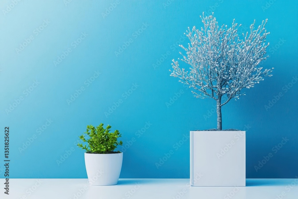 Poster a green plant in a simple white pot positioned on a table against a neutral background for minimalis