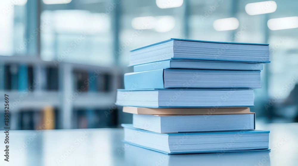 Poster neatly stacked collection of books representing annual reports, highlighting business and financial 