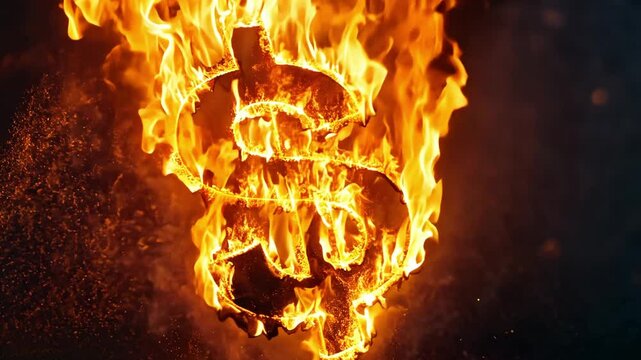 Dollar currency is engulfed in flames, highlighting themes of financial destruction and economic turmoil in a dramatic visual representation