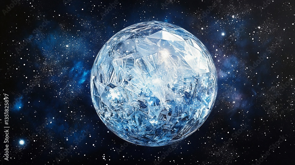 Poster crystal sphere floating in a cosmic space, diamond like structure with shining stars