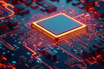 Futuristic 3D rendering of a computer chip with neon-lit circuit board, perfect for digital tech concepts.