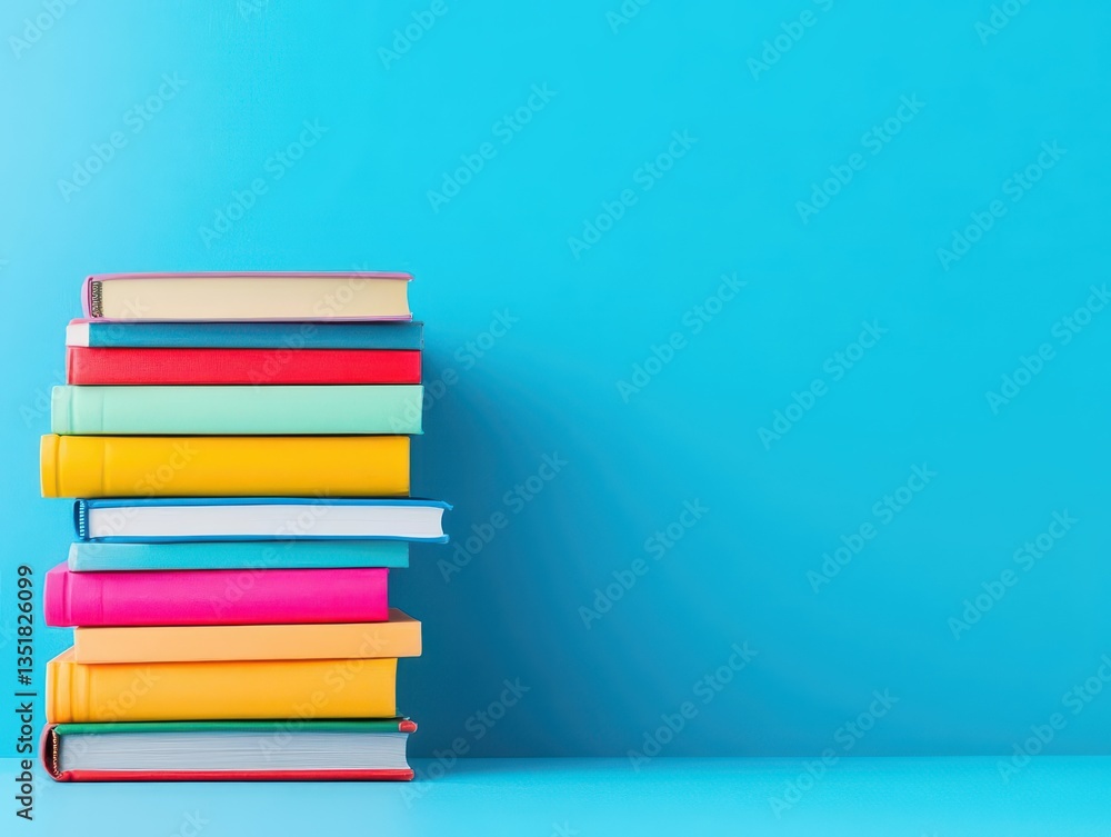 Poster neatly stacked collection of books on a shelf showcasing diverse subjects and knowledge ready for re