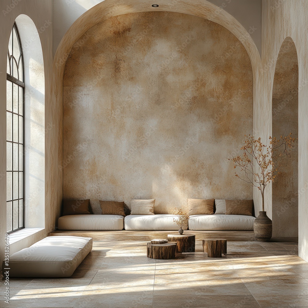 Poster minimalist beige wall with sunlight for product presentation and display in symmetrical design