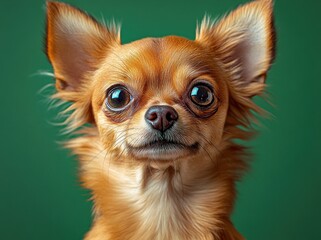 Obraz premium playful chihuahua looking at a soap bubble in studio with vibrant green background