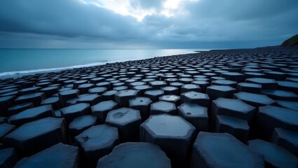 Obraz premium Hexagonal Basalt Columns Along Coastal Shoreline with Ocean Waves