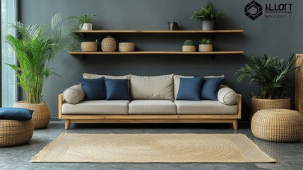 Modern Living Room Interior Design with Beige Sofa, Wooden Shelves, and Plants