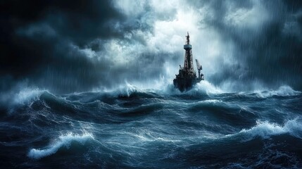 An oil rig worker braving the harsh conditions of a stormy sea, waves crashing violently against the rig, their rain-soaked gear clinging to them as they perform a critical task