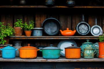 Naklejka premium Charming antique pots and pans arranged neatly on a wooden shelf showcasing timeless kitchenware and culinary heritage