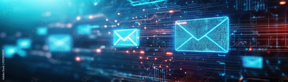 Poster Computer screen with a dual blue and red background displaying email messages indicating approval and spam contexts