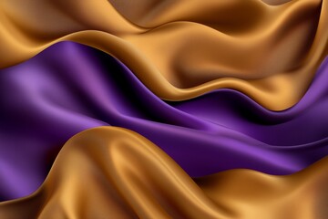 Luxury abstract background with flowing golden and purple silk, smooth satin texture, elegant wavy fabric design.