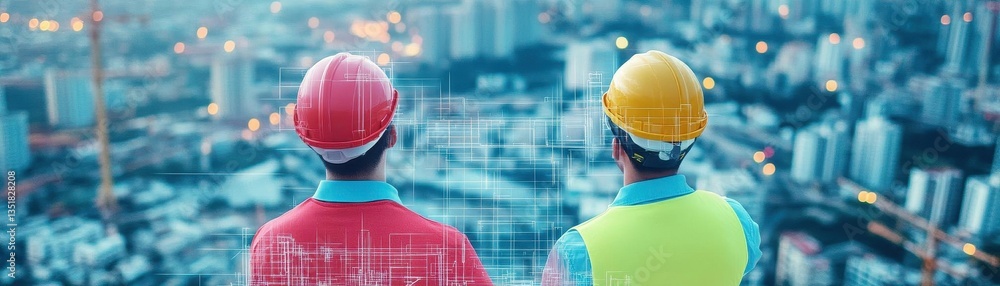 Aufkleber engineers collaborating and analyzing cityscape for smart urban planning and technological innovatio
