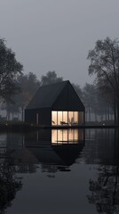 Fototapeta premium Modern cabin surrounded by tranquil water views