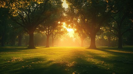 Obraz premium Golden Hour in the Park: Sunlight Filtering Through Majestic Trees