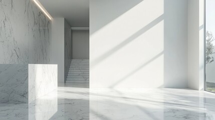 Obraz premium A modern minimalist marble reception area features sleek white walls, a staircase, large showcasing a tree, and a polished marble floor reflecting sunlight.