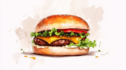 Watercolor illustration of a delicious burger with lettuce, tomato, cheese and meat