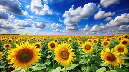 Obraz premium A sunflower field in full bloom against a bright blue sky with fluffy white clouds and green grass stretching towards the horizon , fields, landscape