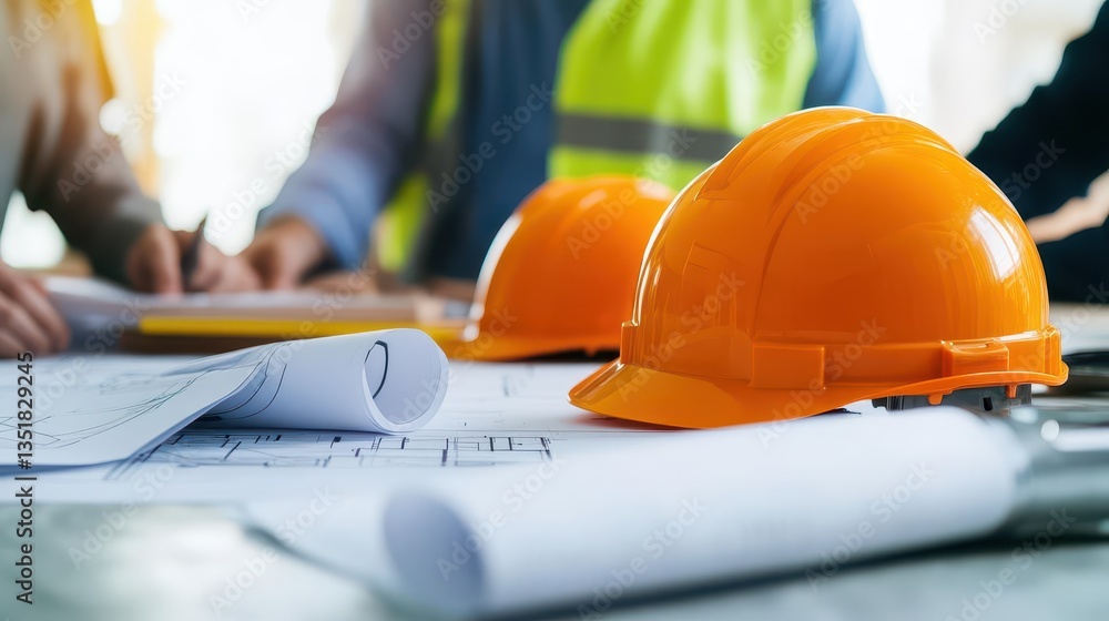 Poster hard hat and blueprint plans laying together on a table representing construction, engineering, and 