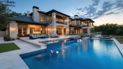 Fototapeta premium Luxury Home with Outdoor Patio and Pool at Dusk illuminated with warm light