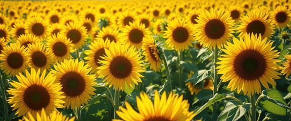 Fototapeta premium Vibrant yellow sunflower field bathed in sunlight, bright summer day, petals, bright