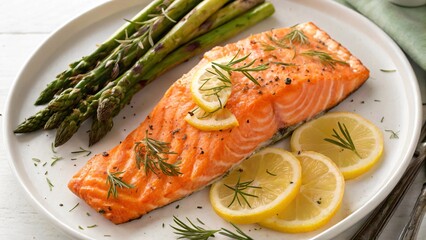 A grilled salmon dish with fresh lemon and green vegetables, a healthy seafood meal