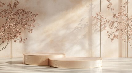 Beige minimalist podium, sunlight, cherry blossoms.  Product display