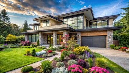 A modern house with a spacious front yard and large windows, showcasing a serene garden landscape with lush greenery and vibrant flowers , interior design, home decor