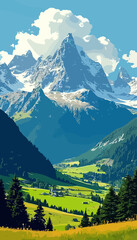 Swiss mountains landscape with lush greenery and soft clouds in a bright blue sky