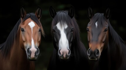 Three horses in a portrait style, facing forward, with a dark background.  Each horse has a different coat color