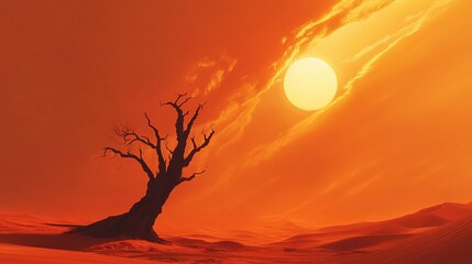 Naklejka premium A lone tree stands in a desert landscape with a bright sun