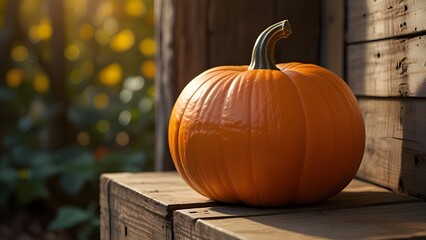 Bright Orange Pumpkin Resting on a Metal Can with Wooden Crate and Autumn Lighting
