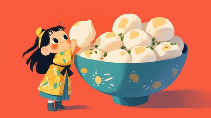 Little Girl with a Bowl of Rice Balls