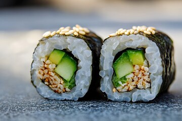 Delicious brown rice sushi rolls filled with avocado and cucumber flavors Generative AI