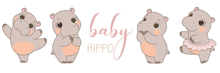 illustration png of a baby hippo in a kawaii style, featuring cute and expressive poses, decorative lettering, and an adorable design, perfect for products, prints, cards, invitations, and decorati