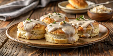 Breakfast Biscuits Gravy On Rustic Plate, morning meal, savory sauce,  morning meal