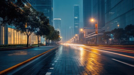 Night city street with light trails and fog.